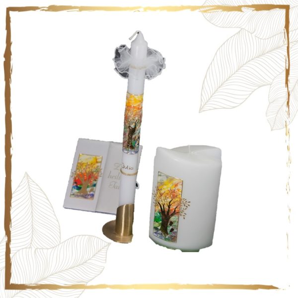 Taufkerzenset Bunte Welt mit Lebensbaum