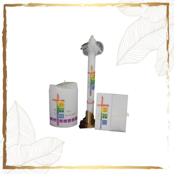 Taufkerzenset Regenbogen mit Symbolen