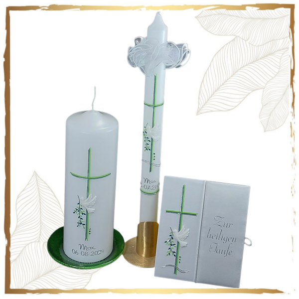 Taufkerzenset Friedenstaube mit Zweig