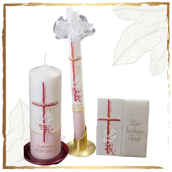 Taufkerzenset Taube mit Zweig rund