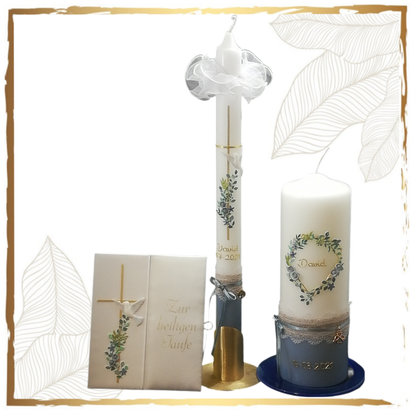 Taufkerzenset Vintage Blütenkranz blau
