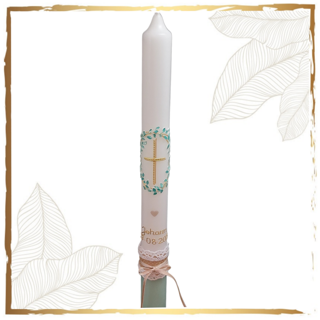 Taufkerze Blätterkranz Vintage Seafoam