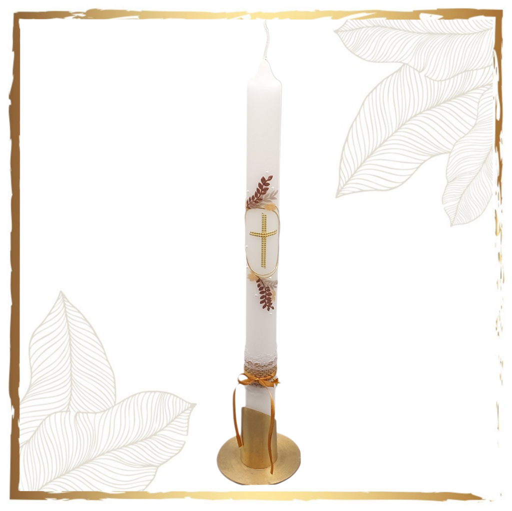 Taufkerze Vintage Blatt Perl