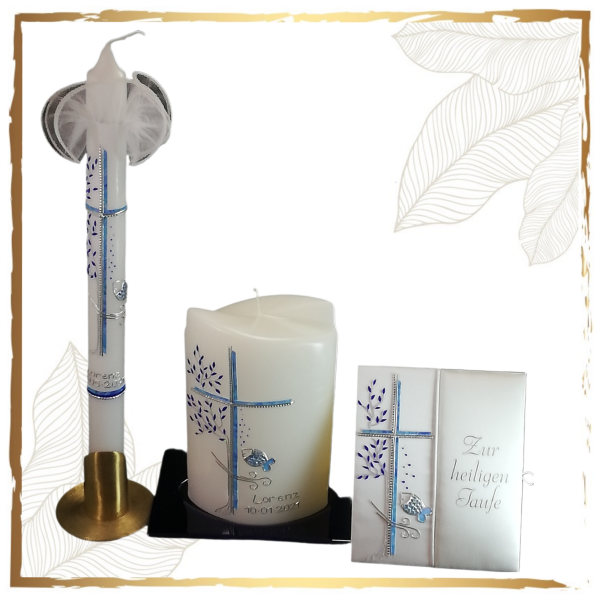 Taufkerzenset Fisch mit Lebensbaum Schiffform