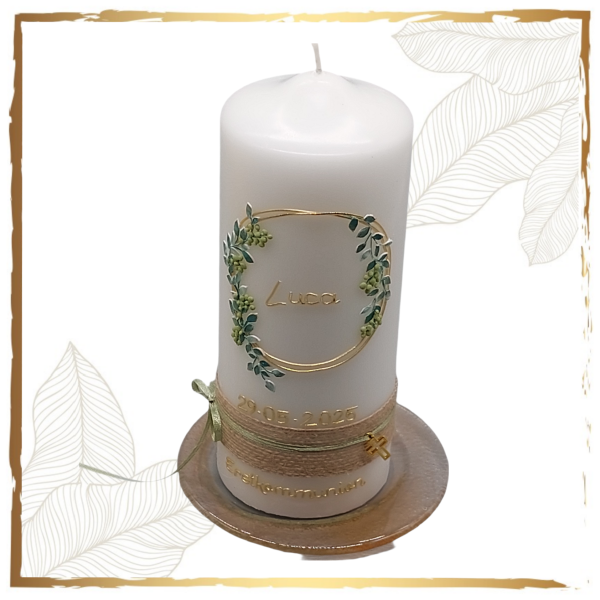 Erstkommunions- oder Firmungskerze Kreis mit Blätterranke