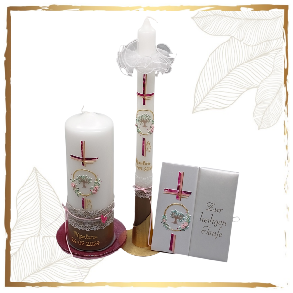 Taufkerzenset Lebensbaum Rose