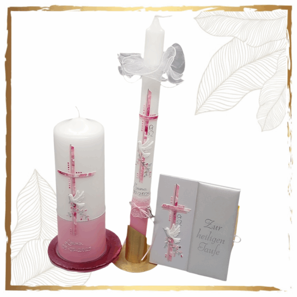 Taufkerzenset Taube mit Zweig rund Variant