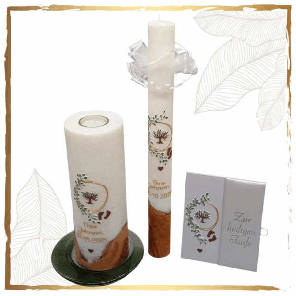 Taufkerzenset Holz mit Lebensbaum und Blättern