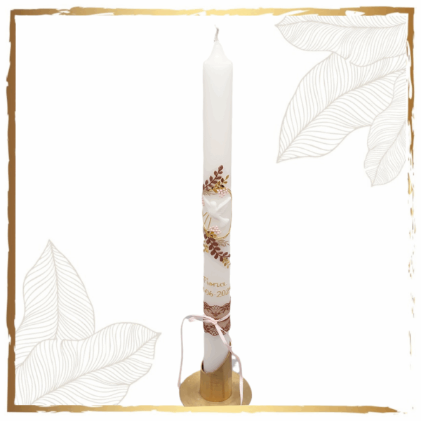 Taufkerze Vintage Taube und Blatt rosa